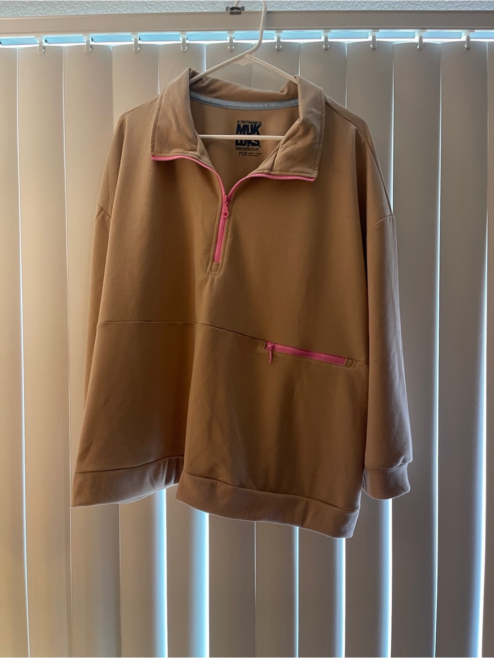 Neutral Tan Quarter-Zip Cropped Stripe Sweater and Pant Set with Pink Accent